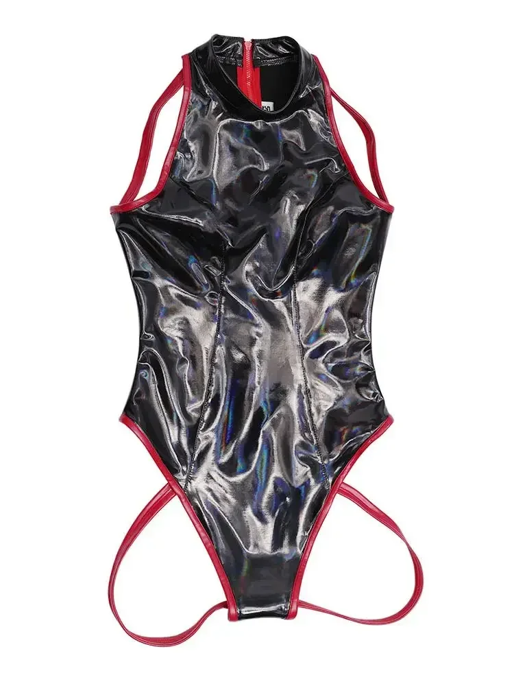 Блестящий боди без рукавов из искусственной кожи с лазерным мокрым эффектом