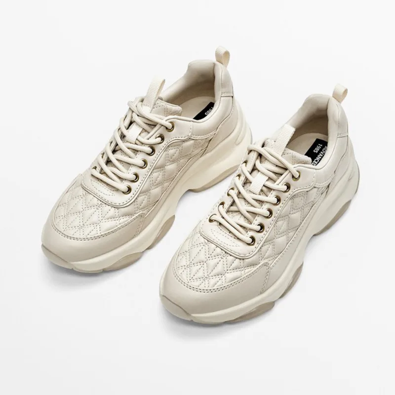 

Women Fashion Genuine Leather Dermatoglyph Lacing Thick-soled Shoes Casual Simple Sneakers Female Chic Be Non-slip Round Head