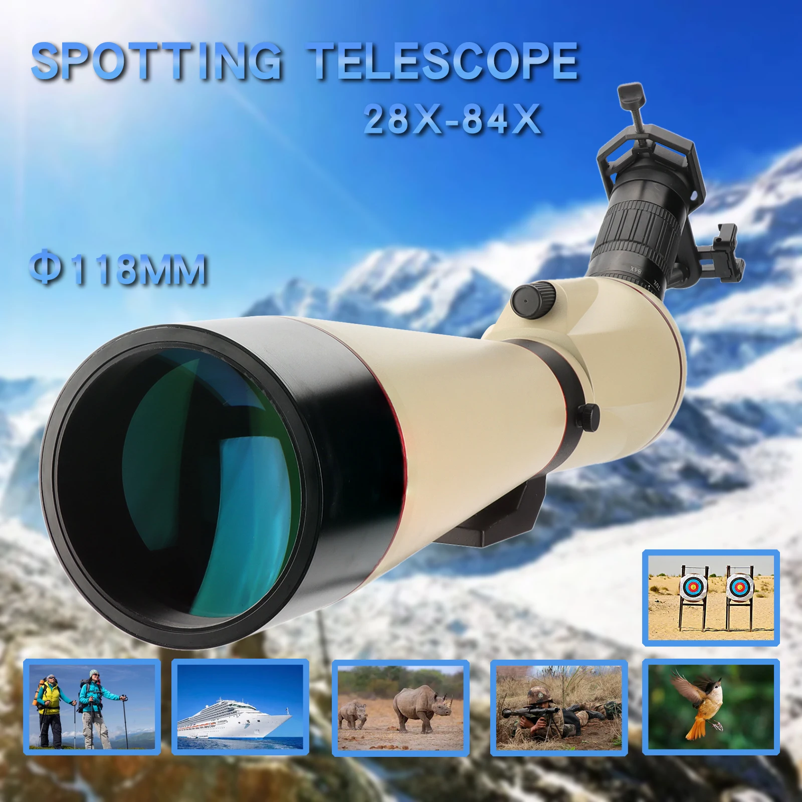 

HANNIA 28-84x 118mm Beige Spotting Scope Telescope Monocular Premium Optical System Bird Watching W/Tripod & Phone Holder