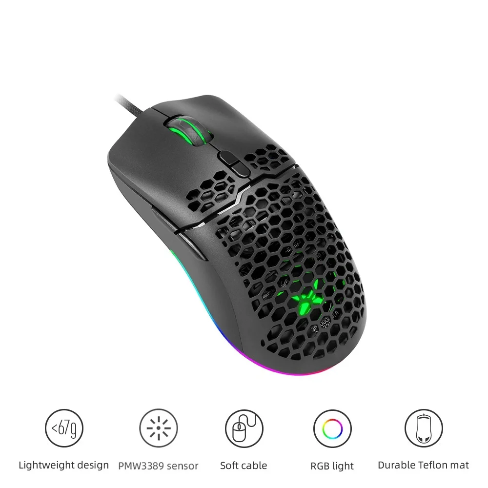 

Delux M700 67g PMW3389 Lightweight Wired Mice Gaming Mouse RGB 7 buttons fully programmable Honeycomb Hollow Design Mouse Gamer