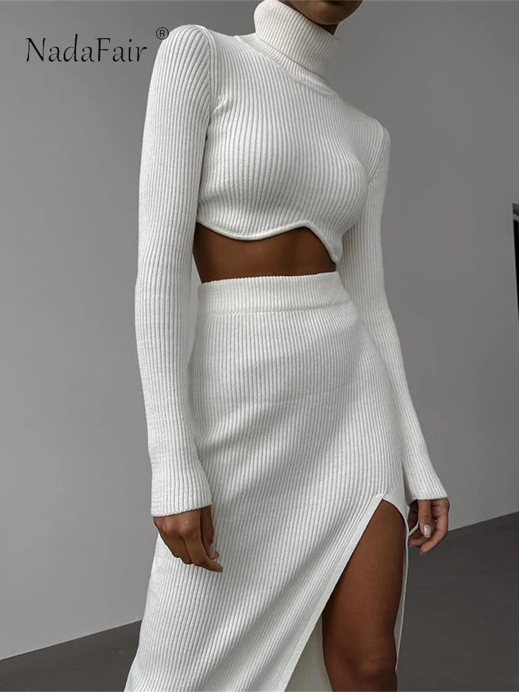 

Nadafair/Водолазка с длинным рукавом, футболки, юбка миди с разрезом, Женский комплект, трикотажные укороченные топы, обтягивающие белые, элеган...