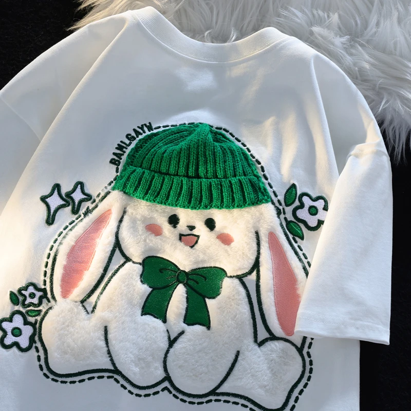 

Gaodinglan Summer Harajuku Creative Flocking Cartoon Rabbit Women Short Sleeve T-shirts O Neck Cotton Tee Female Large Size Tops