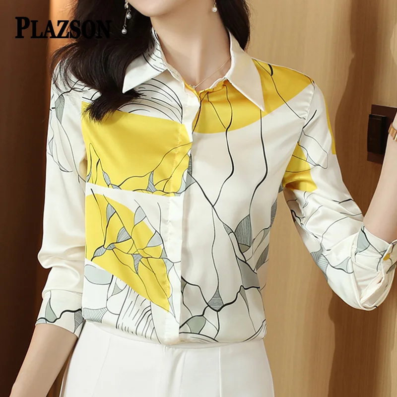 

PLAZSON Fall Stylish Print Women's Shirt & Blouse Long Sleeve Elegant Lapel Office Lady Tops Cardigan Silk camisas y blusas 셔츠