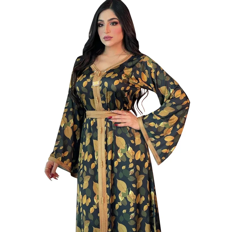 Fashion Party Dinner Maxi Dress Gowns Ladies Long Sleeves Satin Printed Abaya Kaftan Dubai Muslim Women Loose Robe with Belt