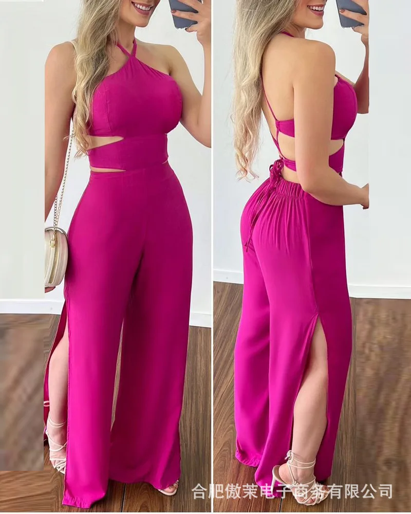 

Women's Soild Color Slit Jumpsuit 2022 Summer New Fashion String Halterneck Open-back Slit Wide-leg Pants Bodysuit