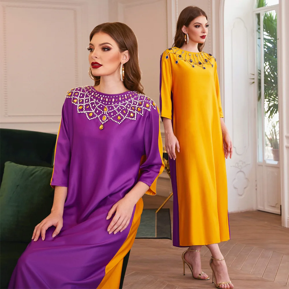 Женское платье контрастных цветов с бриллиантами, мусульманская женская одежда, вечернее платье для вечеринки, Caftan Marocain Djellaba Eid Рамадан