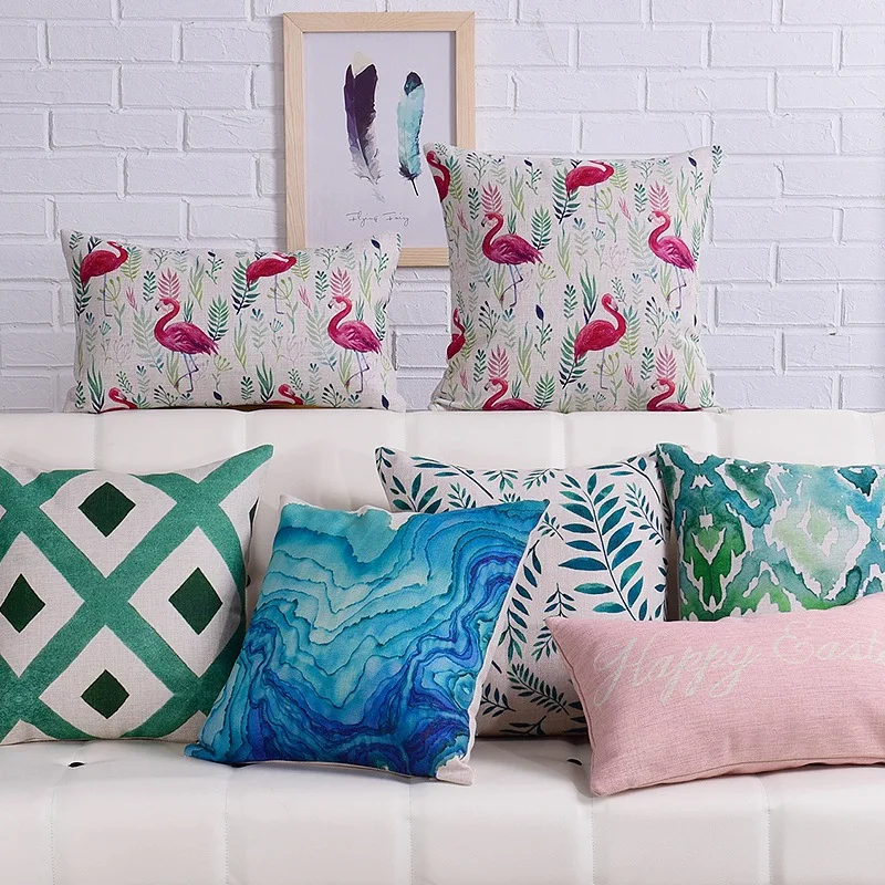 

Spring New Nordic Green Leaves Geometric Abstract Cotton and Linen Printed Pillow Flamingo Sofa Cushion