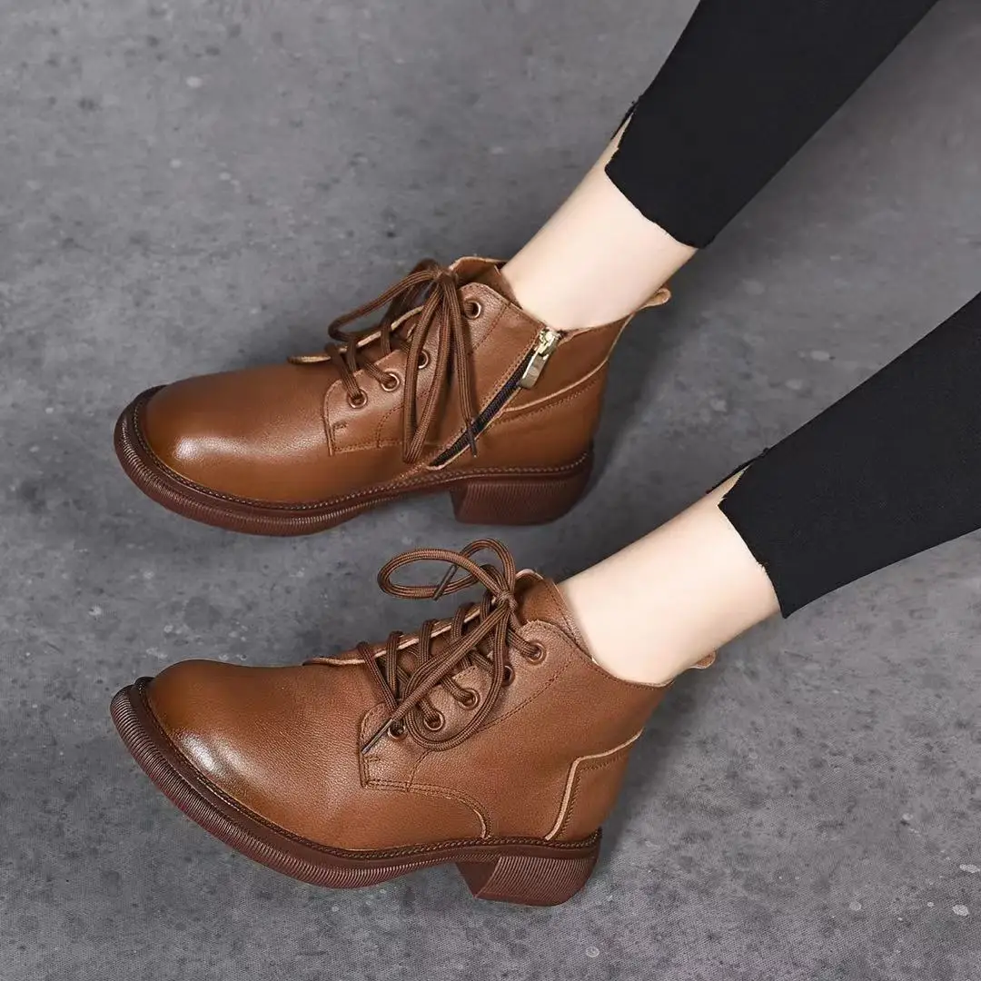 

Женские ботильоны из мягкой искусственной кожи, осенне-зимние винтажные дамские рабочие ботинки на шнуровке, в британском стиле, с круглым ...