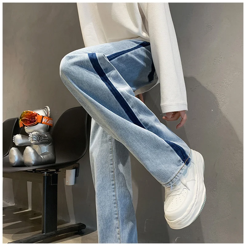 DEEPTOWN Loose Straight Jeans Men Classic Casual Denim Pants Blue Striped Streetwear Korean Fashion Trousers Male Spring Autummn