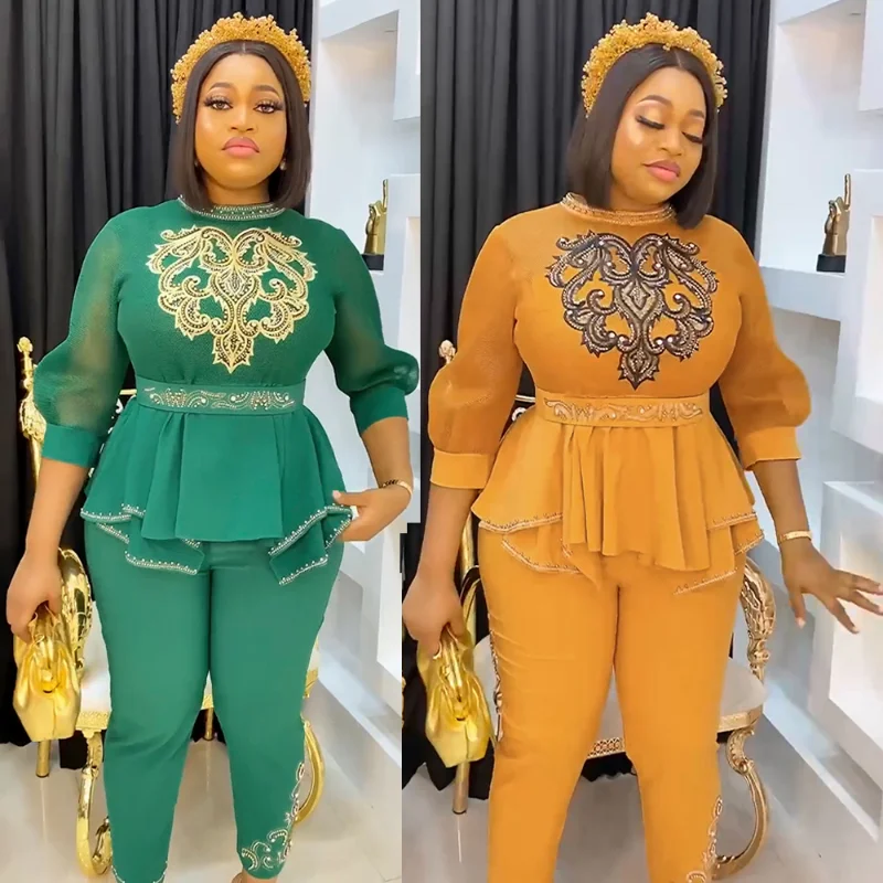 

2022 African Two Piece Set For Women Mesh Sleeves Robe Tops Pants Suit Tracksuit Party Blouse Trouser Sets Tenue Africaine