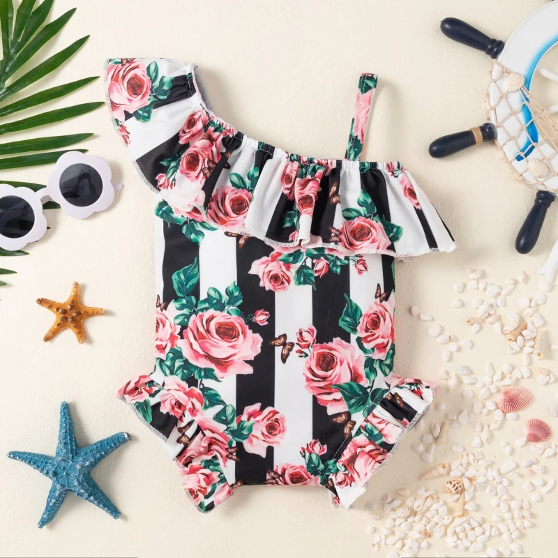 

Summertime Ruffle Swimsuit for Infant Girls - Sleeveless, Halter-Style, and Adorned with a Rose Print