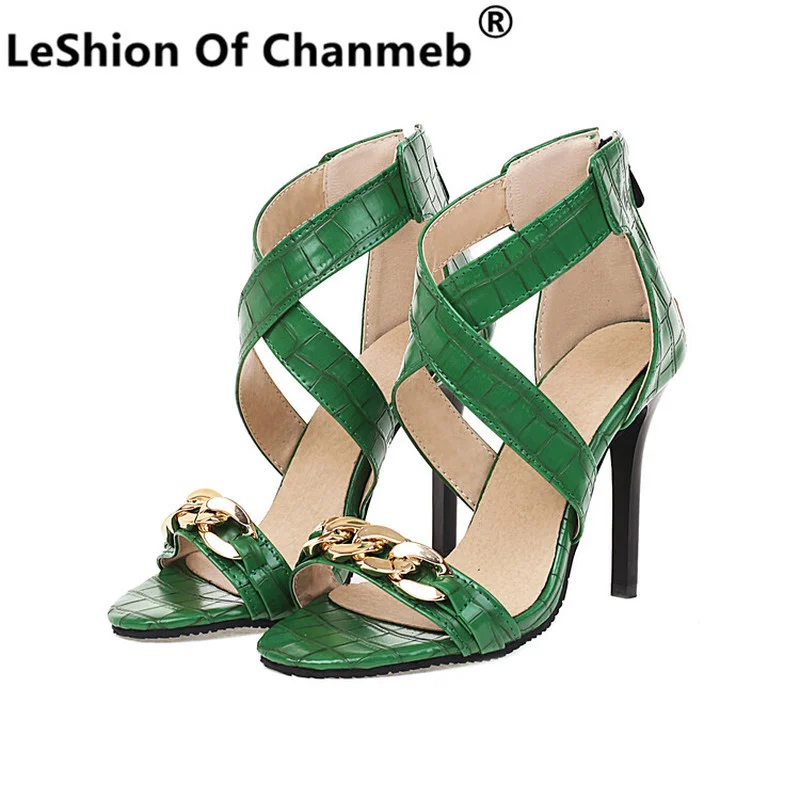 

LeShion Of Chanmeb Thin High Heels Women Crocodile Leather Sandals with Zipper Ladies Gold Chain Red Green Nude Shoes Size 32-48