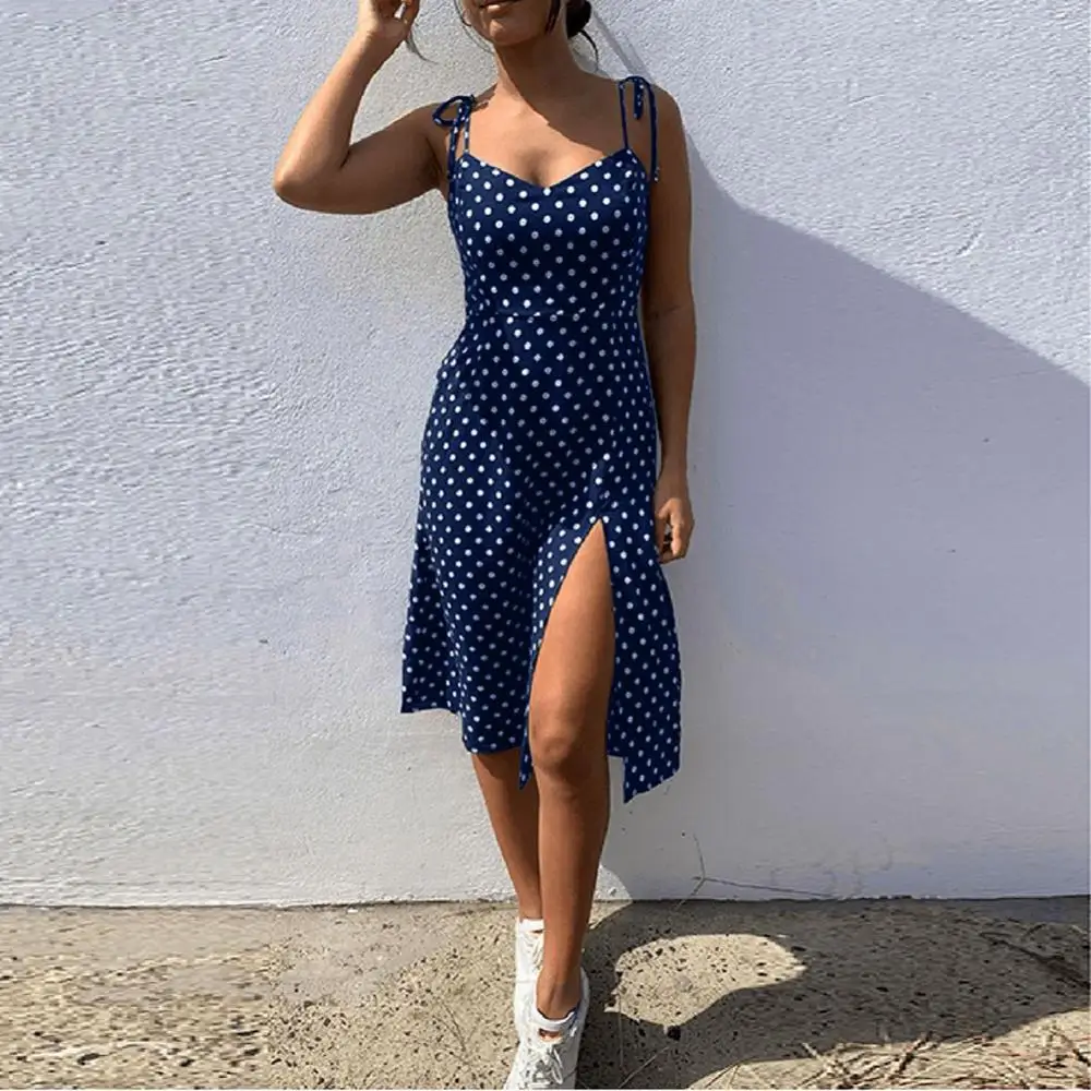 

Women Sexy Dresses Fashion Spaghetti Strap Lace Up Polka Dot Split Hem Backless Summer Dress vestidos 2021