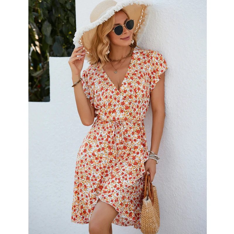

2023 Women Summer Cotton Print New Irregular Ruffles Short-sleeved Lace-up Slim Short Dress Casual Beach Streetwear