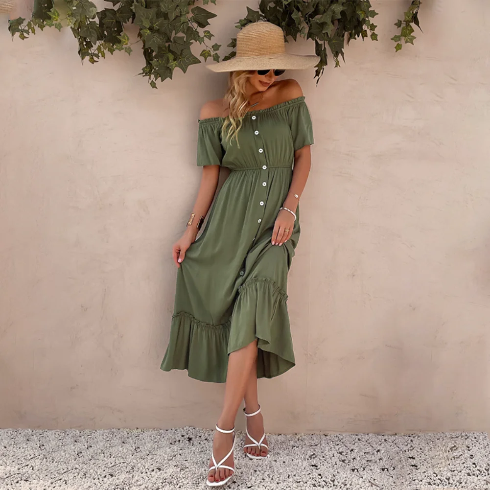 

Sexy Fashion One Shoulder Ruffle Dress 2023 Summer New Solid Color Temperament Elegant Women Swing Dress Party Daily Wear