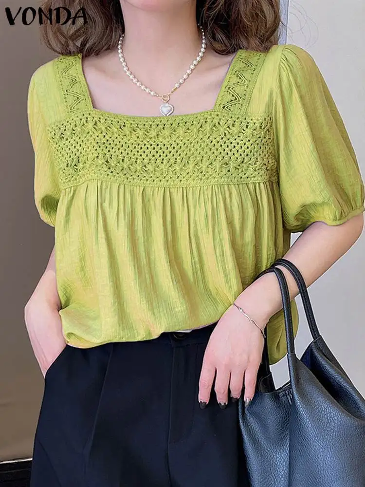 

Lace Patchwork Shirt 2023 VONDA Women Office Fashion Tunic Casual Puff Sleeve Blouse Casual Solid Color Tops Elegant Blusas