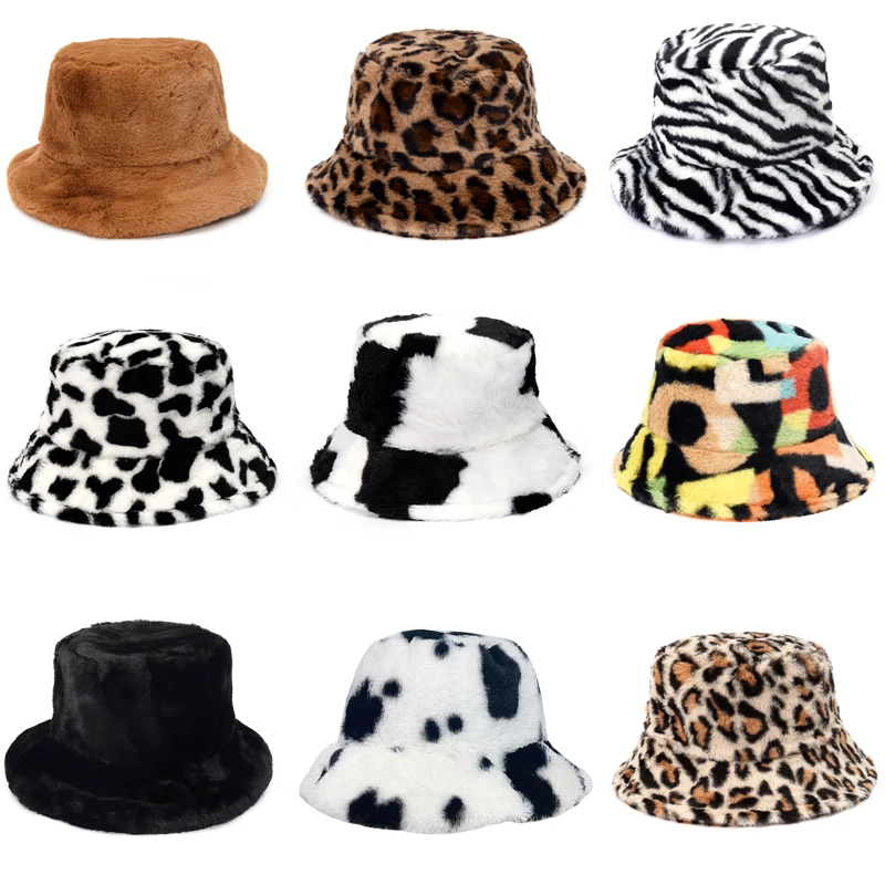 

Winter Cow Leopard Faux Fur Fluffy Bucket Hats Women Outdoor Warm Sun Hat Soft Velvet Furry Fisherman Cap Girl Fashion