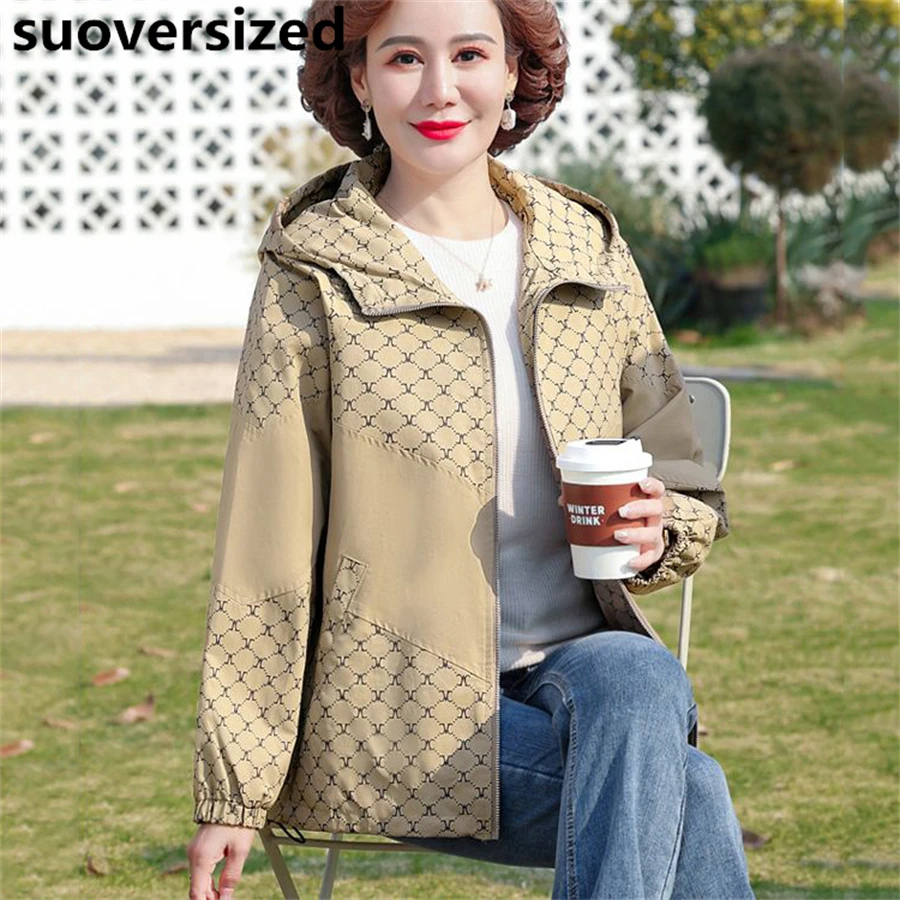 

Куртка женская с капюшоном и принтом в стиле пэчворк, Модная элегантная Свободная верхняя одежда в Корейском стиле, на молнии, с длинным рукавом, на весну-осень