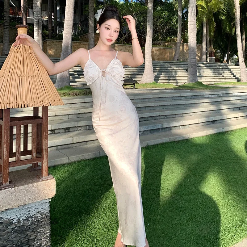 Элегантное утягивающее платье-майка с открытой спиной для женщин летнее длинное