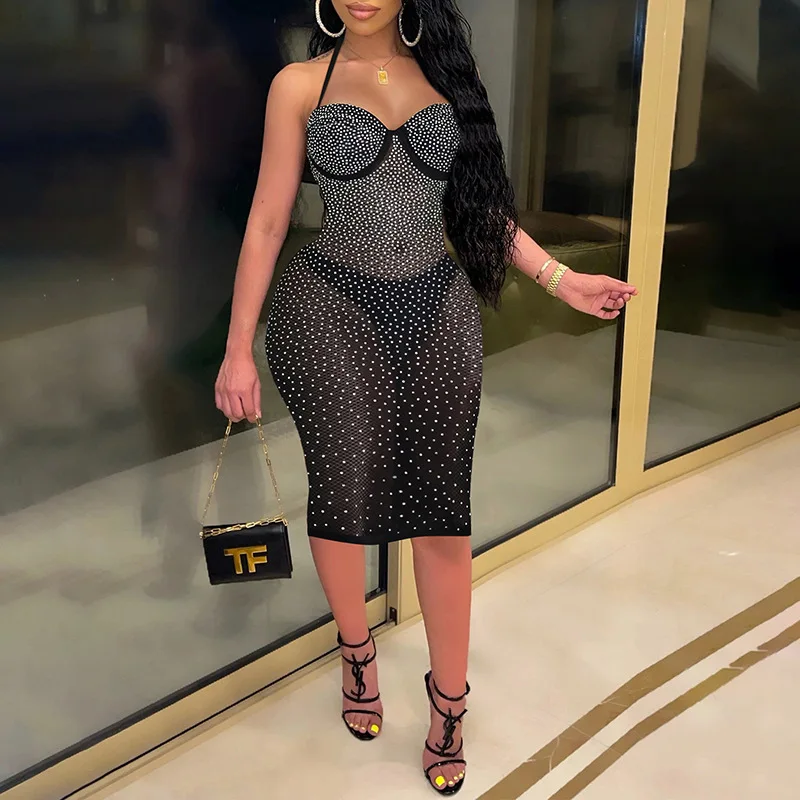 

Elegant Mesh Dresses for Women 2022 Summer Party Sexy Bodycon Vestidos Luxury Evening Prom Robe Femme Y2k Diamonds Outfits