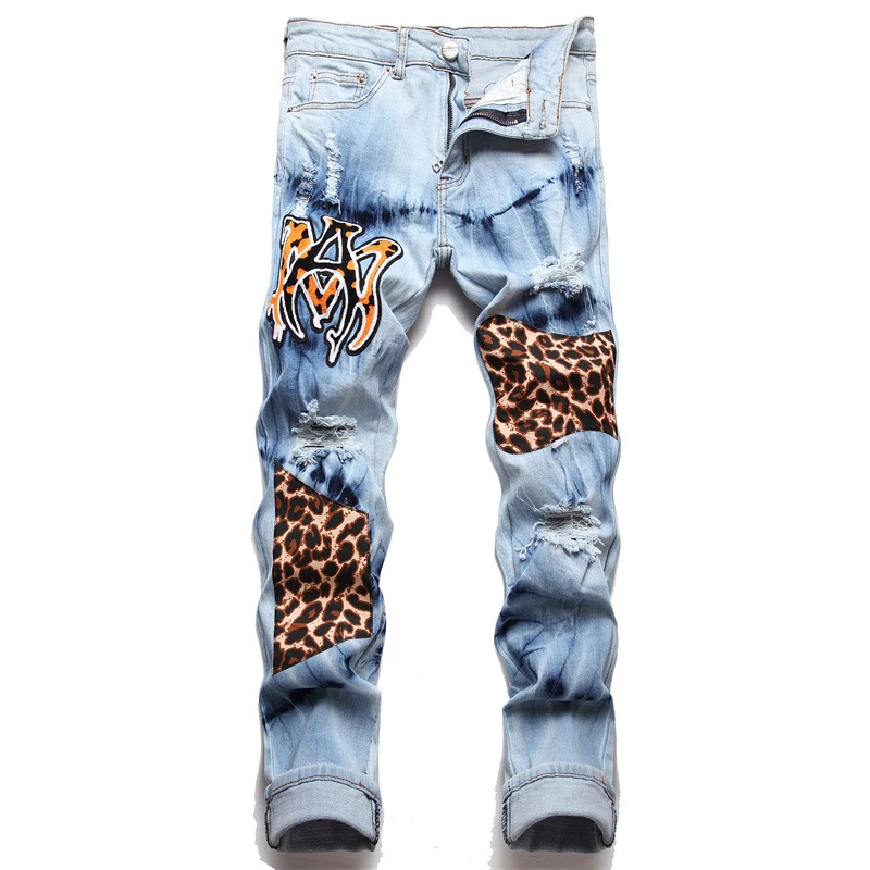 Leopard Patch Jeans Men's Tattered Embroidery Micro Chapter High Elastic Soft Breathable Seasonal Trend Worn Grain Decoration 22