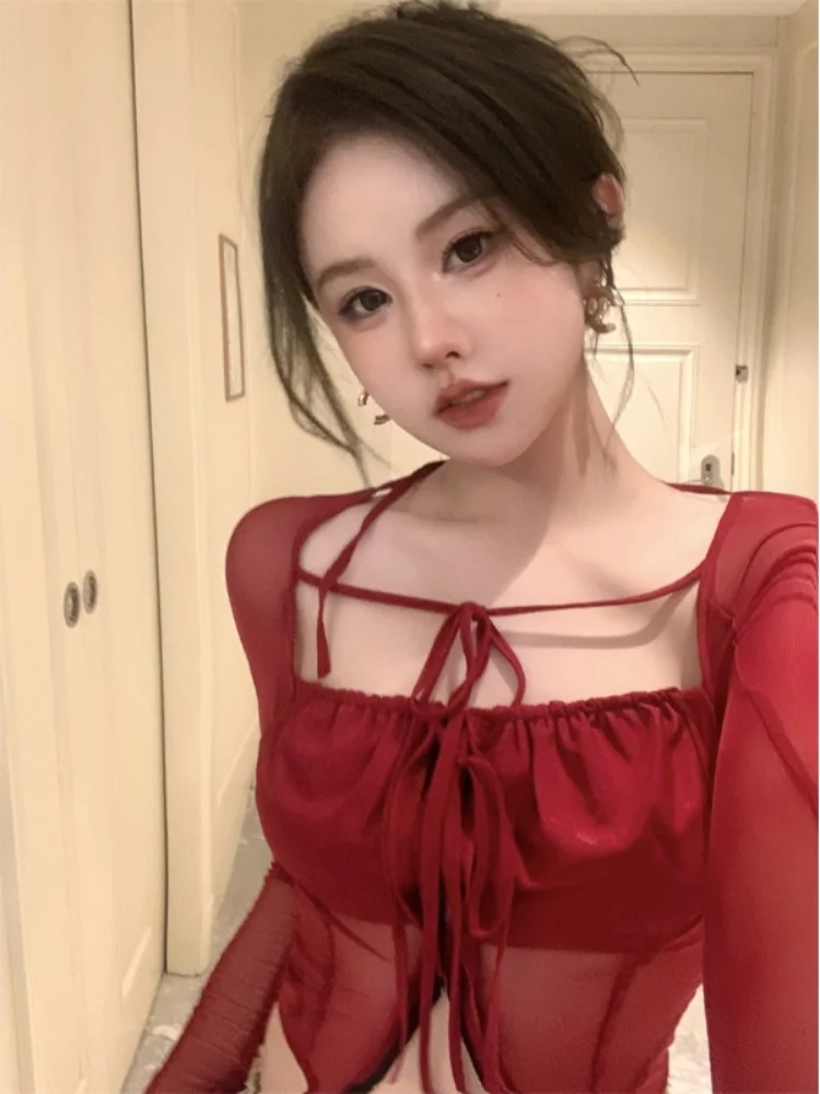 Pure Desire Tea Art Сетка Прозрачный квадратный воротник на шнуровке Сексуальная