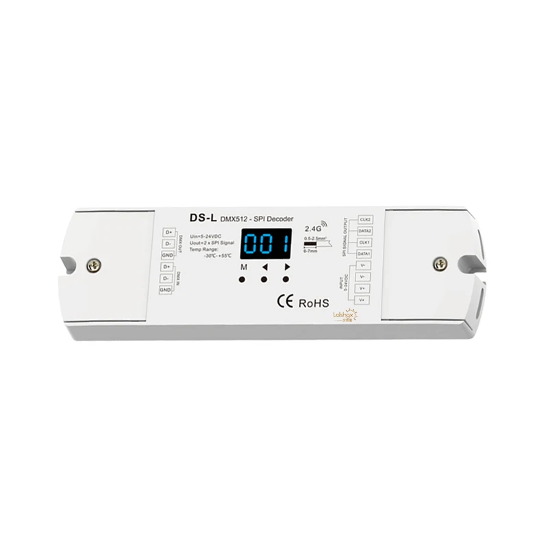 

DS-L DMX to SPI Decoder DMX512-SPI and Controller 3 Digital Display 32 Dynamic Modes Optional RF RGB/RGBW Remote