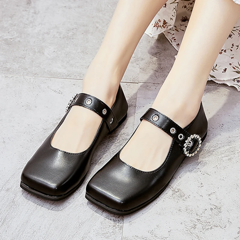 

Lucyever Fashion Buckle Square Toe Flats for Women Hollow Out Low Heels Single Shoes Woman Comfy Pu Leather Office Ladies Shoes
