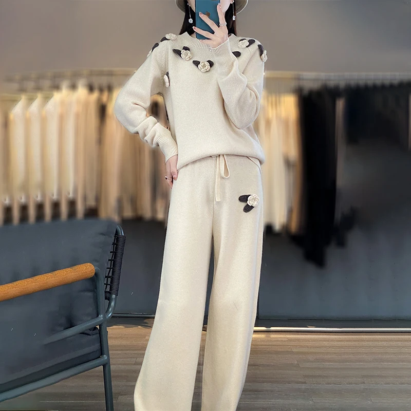 

Женский костюм из двух предметов из 100% мериносовой шерсти, модный джемпер с круглым вырезом и вышивкой, вязаные брюки с высокой талией для осени и зимы