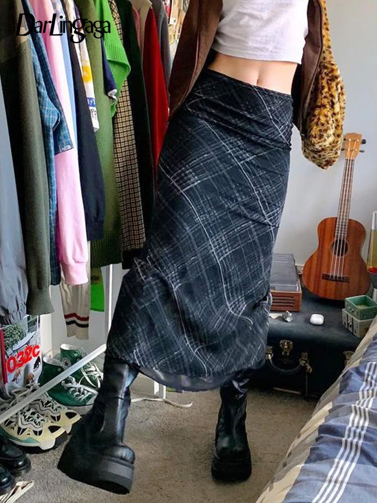 

Darlingaga Vintage Y2K Low Waist Plaid Mesh Skirt 90s Aesthetic Double Layer Harajuku Long Skirt Female Chic Outfits Grunge Slim