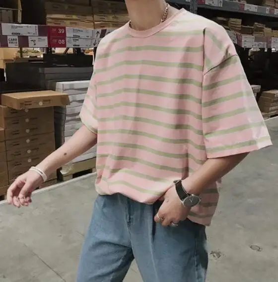 

Полосатая мужская летняя новая свободная одежда с коротким рукавом Футболка для студентов