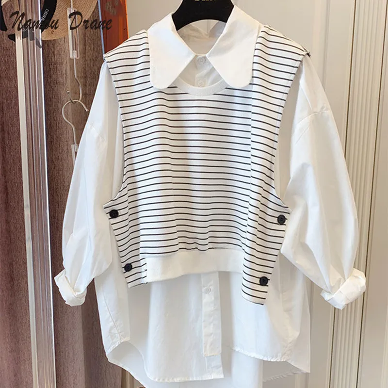 

Namou Drane Woman Tops Striped Knitted Vest + Long Sleeve Causal Loose Medium-long Blouse Shirt Korean Spring Blusas Feminimo