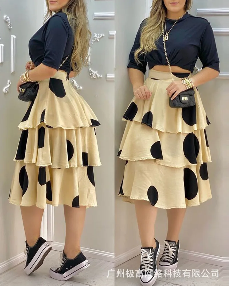 

Женский Повседневный костюм в горошек, черный топ с круглым вырезом и юбка с высокой талией, лето 2022