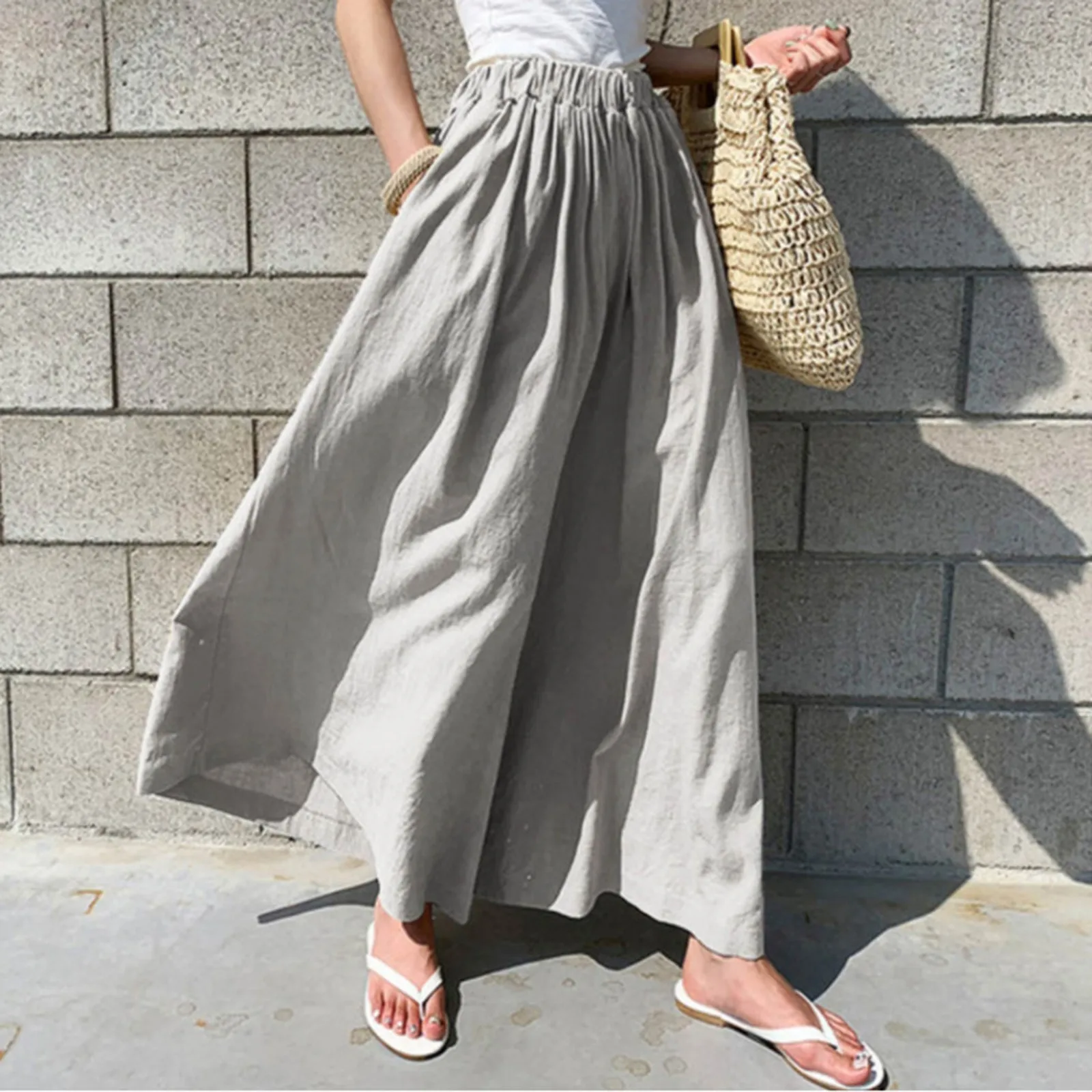 

Casual Vintage Loose Women Wide Leg Pants Summer Elastic Waist Cotton Linen Solid Oversized Female Work Office Long Trousers