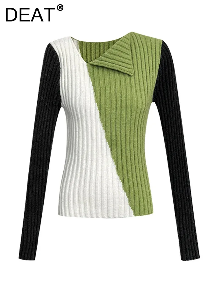 

DEAT Fashion Women's Knitted Pullover Round Neck Slim Contrast Color Long Sleeve Pit Soft Sweater Winter 2023 New Tide 7AB2658