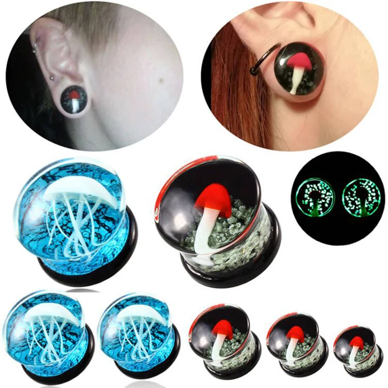 

2Pcs/lot Glass Ear Plugs and Tunnels Glow in the Dark Ear Stretcher Dilations Expander Gauges Lobe Ear Piercing Earrings