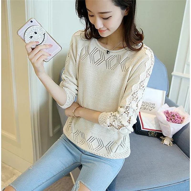 

Style Sweet Solid Female Sweater Pullovers Korean Loose Coats O-Neck Hollow Out Winter Clothes Wool Sweaters Overcoat Outwear