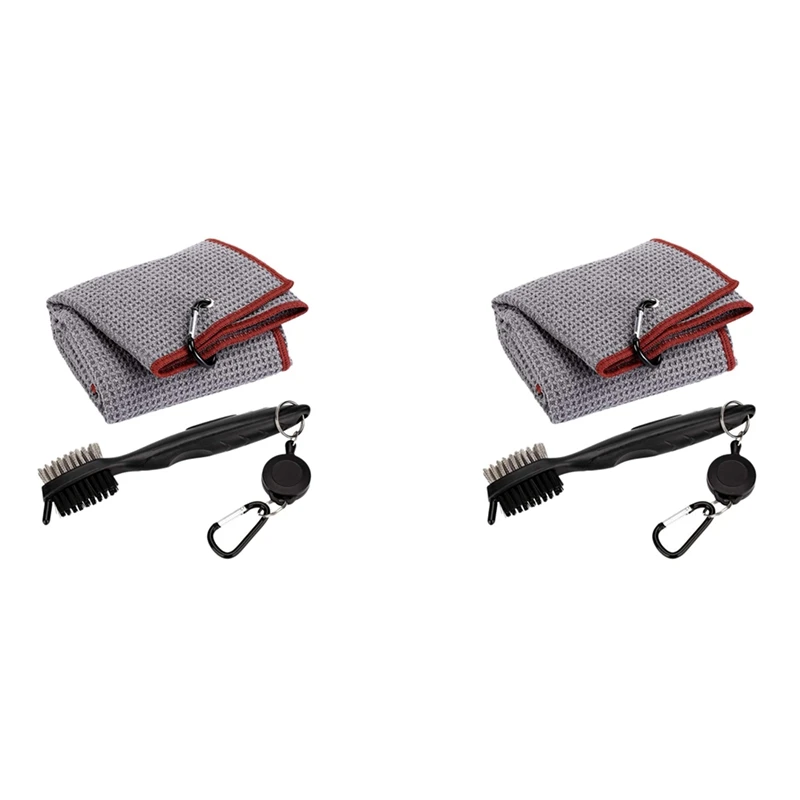 

2X Pure Cotton Golf Towel Brush Tool Kit With Club Groove Cleaner Retractable Extension Cord And Clip(Grey)
