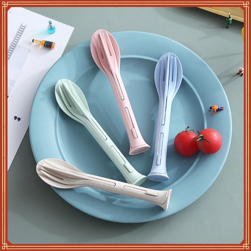 Купи 3 in 1 Travel Portable Cutlery Set Japan Style Wheat Straw Knife Fork Spoon Student Dinnerware Sets Kitchen Tableware за 641 рублей в магазине AliExpress