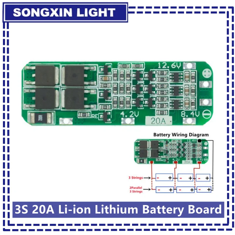 New 3S 20A Li-ion Lithium Battery 18650 Charger PCB BMS Protection Board For Drill Motor 12.6V Lipo Cell Module 64x20x3.4mm - купить по
