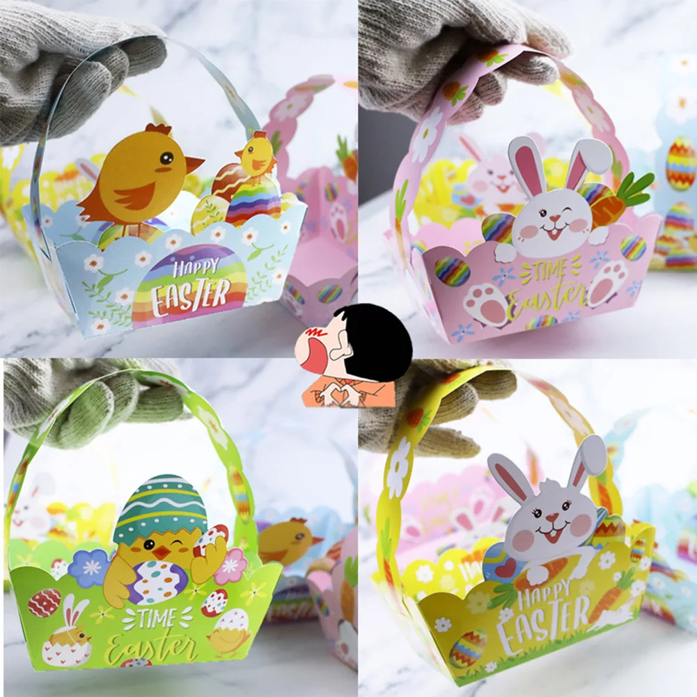 

4pcs Happy Easter Egg Basket Storage Bag Cartoon Bunny Chicken Cookie Candy Gift Paper Box Kids Favors Easter Party Decor Supply