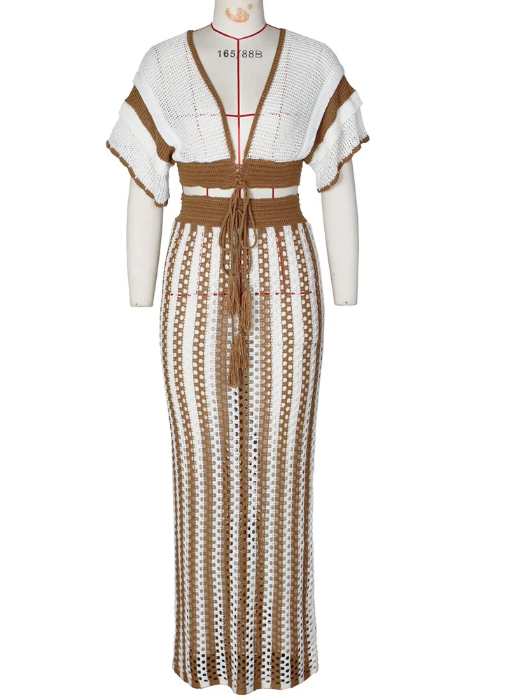 Beyprern полосатый принт V-образный вырез короткий рукав на шнуровке вязаный кроп-топ