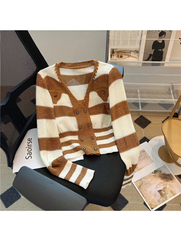 

Women Striped Cardigan Sweater Fashion Korean Harajuku 90s Vintage Kawaii V-Neck Long Sleeve Knitted Jumper Sweaters 2023 Autumn