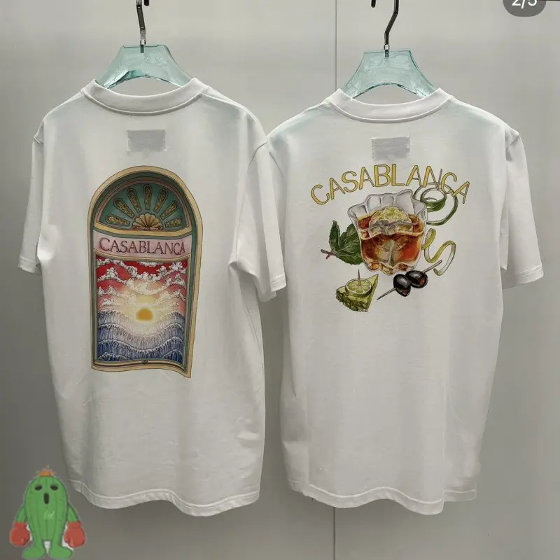 

23 Casablanca T-shirt High Quality Double-sided Print Short Sleeve Shell Fruit Wine Cup Loose Casual T Shirt for Men Women