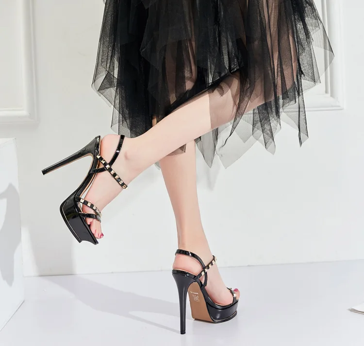 Women Stiletto High Heel Ankle Strap Rivet Sandal Platform Sexy Bridal Evening Party Dress Shoe Fashion Lady Sandal 8-CHC-16