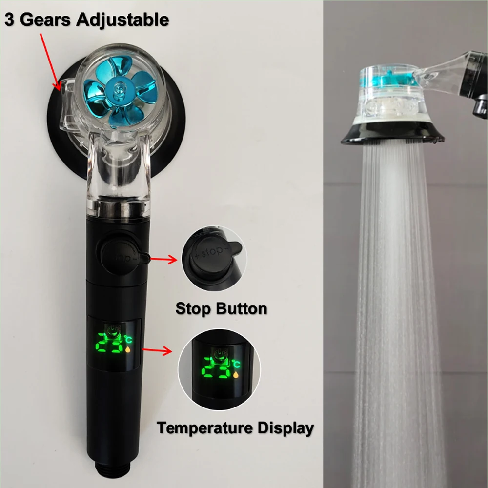 

Digital Temperature Display Shower Head 3 Modes High Pressure Turbo Propeller Rain Pressurized Showerhead Bathroom Accessories