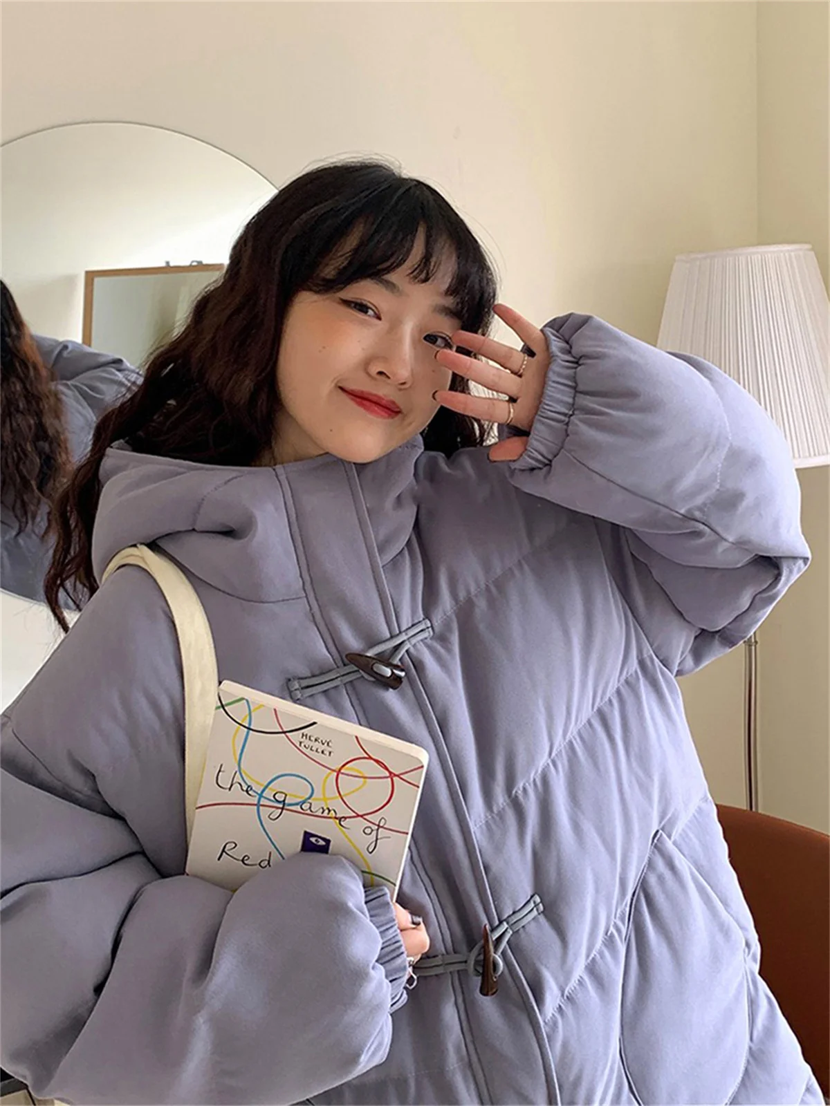 Korean 2022 New Autumn and Winter Girls' Horn Button Harajuku Style Hooded Peach Velvet Thick Coat Warm Cotton Jacket