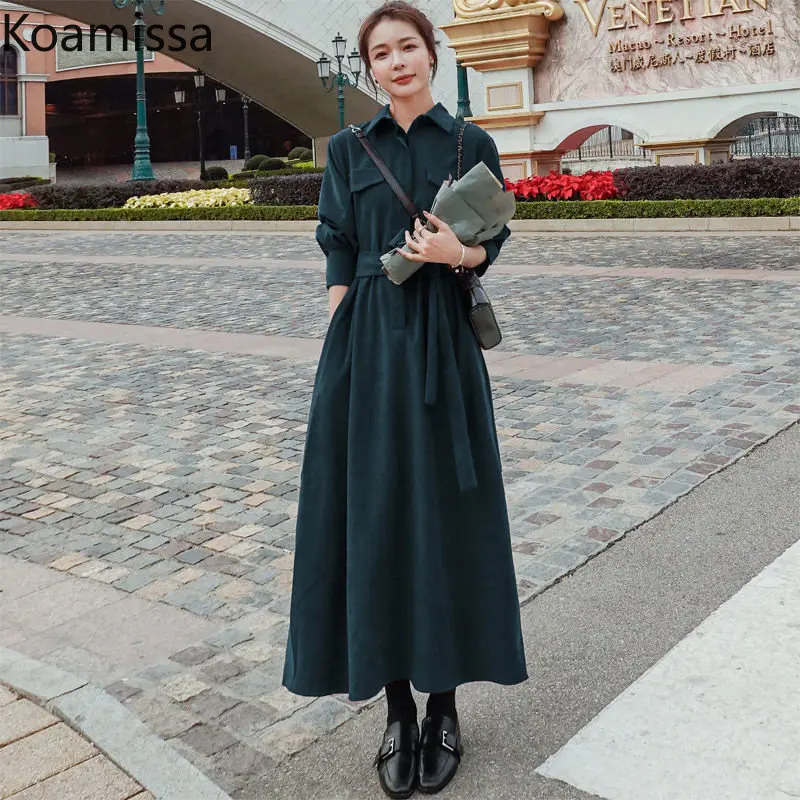 

Женское однотонное вельветовое платье Koamissa, с длинным рукавом, однобортное платье-рубашка на завязках, на осень и зиму
