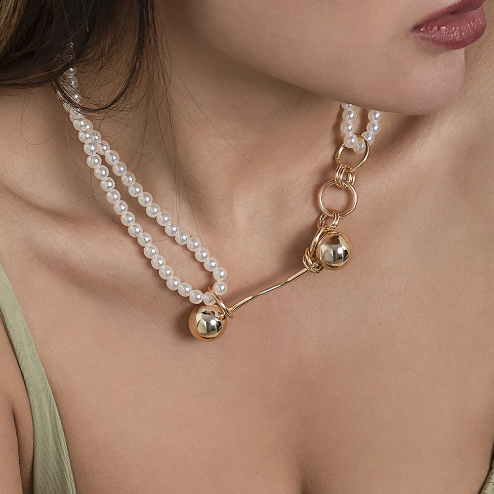 

Ретро-мода двойная имитация жемчуга раньше для женщин два золотистых шарика капли короткая ключица ожерелье праздничные ювелирные изделия