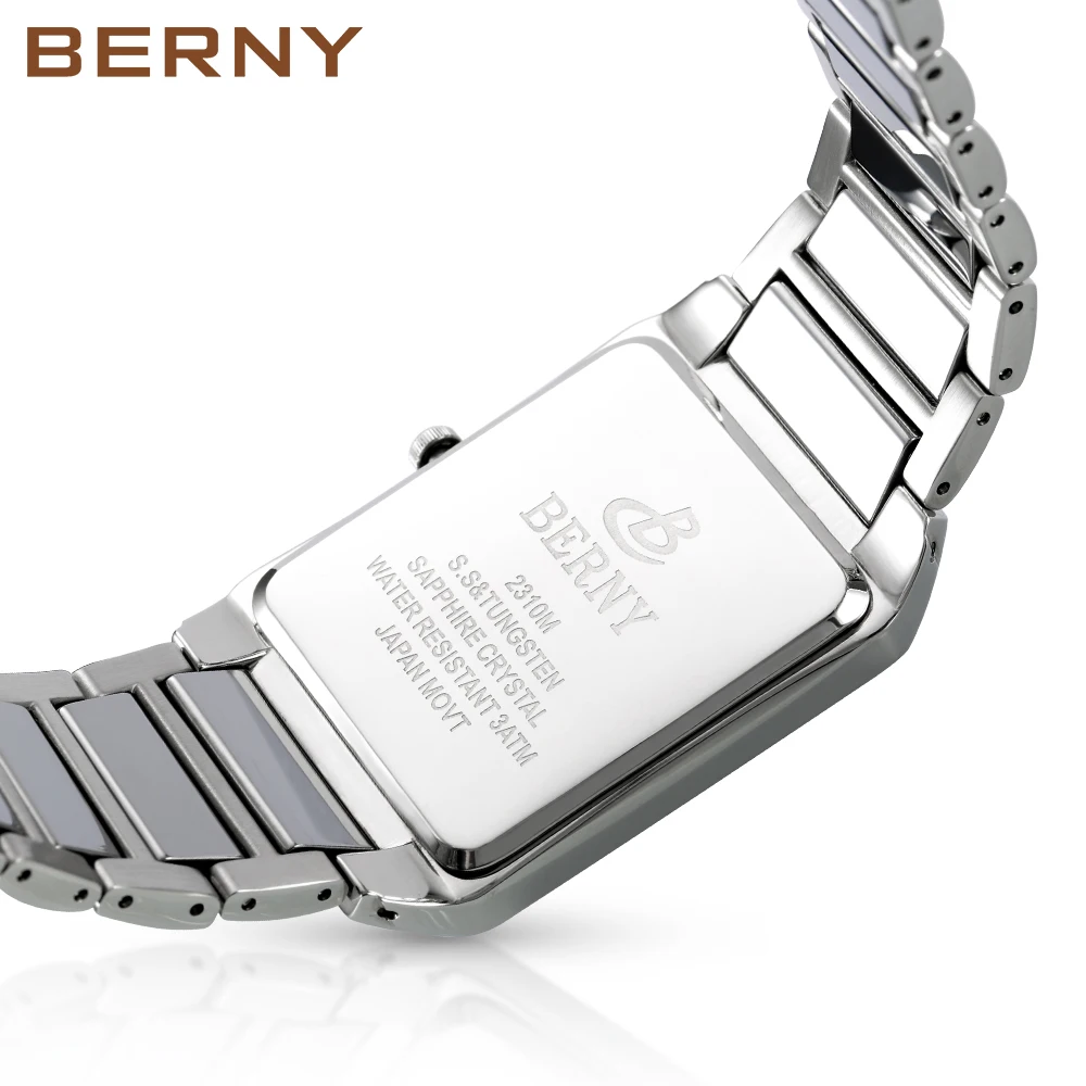 BERNY Quartz Watch for Men Tank Wristwatches Sapphire Business Watches Full Stainless Steel Tungsten steel Case Waterproof Watch